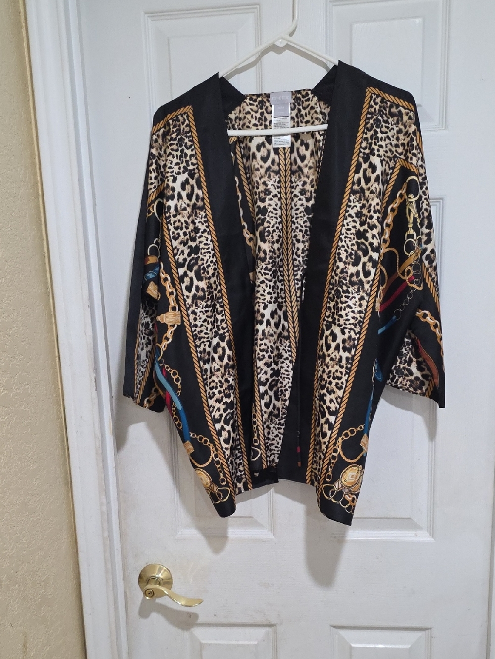Chico's Leopard & Chain Print Open Front Kimono - Black, Tan, Gold